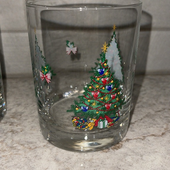 2 Vintage Christmas Tree Glass Low Ball Eggnog Drinking Glasses Textured Xmas - Picture 2 of 8